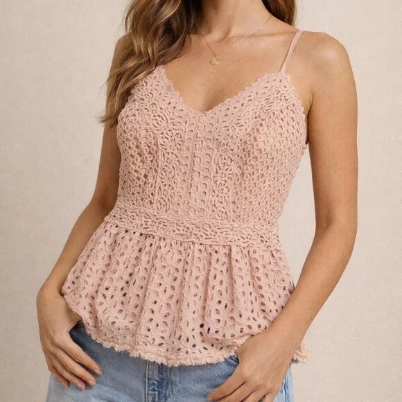 Japna Baby Doll Cami SZ L eyelet smocked womens blouse 100% cotton - Picture 1 of 6